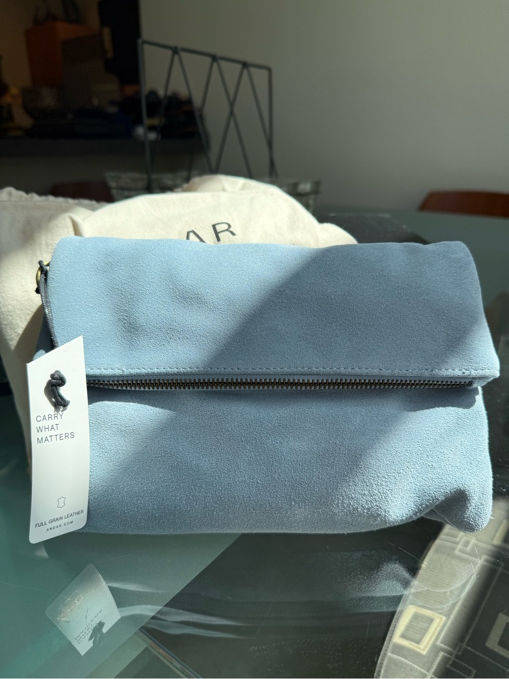 Andar Light Blue Suede Fold-Over Crossbody Bag
